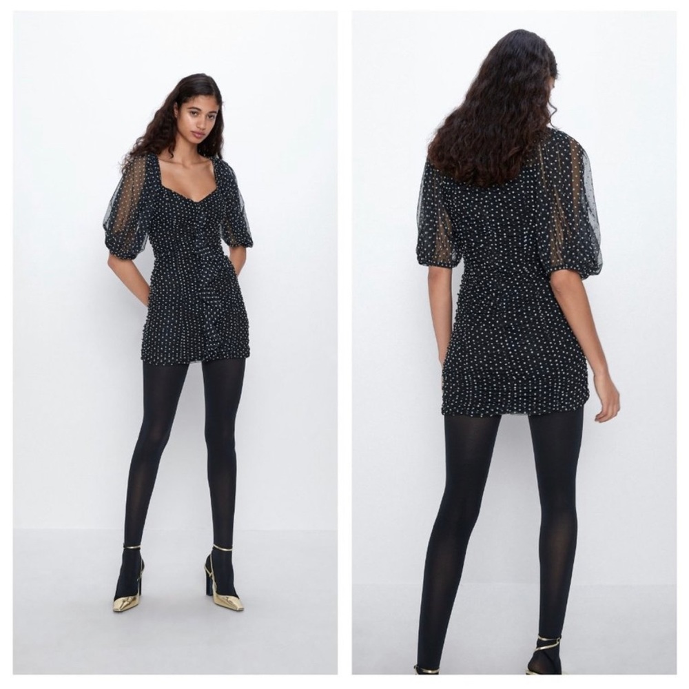Zara Polka Dot Tulle Draped Mini Dress Black White Puff Sleeves Small